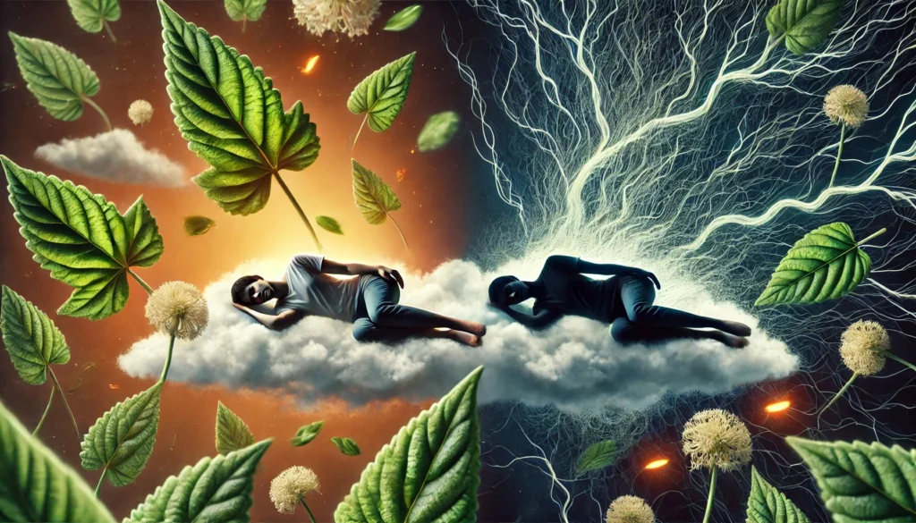 A conceptual contrast of Ashwagandha’s effects—one side depicting a person peacefully sleeping on a floating cloud surrounded by leaves, while the other side subtly hints at tangled neural pathways and potential reliance.