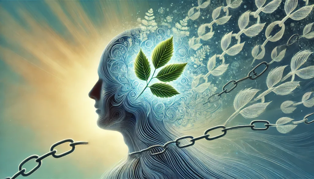 An abstract silhouette of a human head filled with swirling Ashwagandha leaf patterns. One side glows with a serene blue light, while the other side has faint organic chains, symbolizing the dual nature of relaxation and dependency.