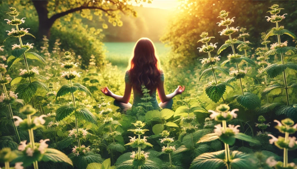 A serene outdoor setting with a young woman meditating in a lush green meadow, surrounded by blooming lemon balm plants. Sunlight filters through the trees, emphasizing relaxation and well-being.