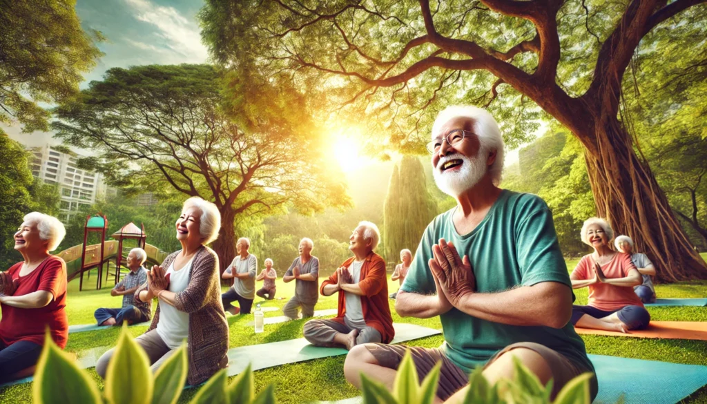 A vibrant outdoor scene featuring centenarians engaging in yoga, light exercise, and socializing. The lush greenery, bright blue sky, and warm sunlight symbolize vitality, healthy aging, and longevity through an active lifestyle.