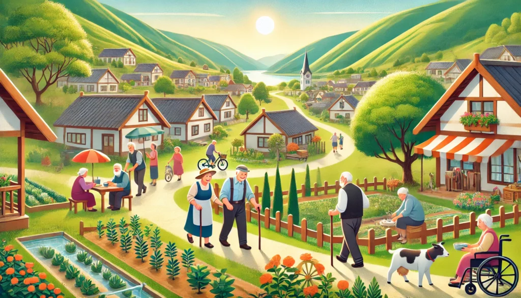 A picturesque rural village where centenarians live active, happy lives. Elderly individuals walk, garden, and share meals with family, representing the role of community, natural living, and social bonds in promoting longevity.