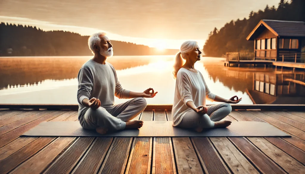 An elderly man and woman practice yoga on a wooden deck overlooking a serene lake at sunrise, showcasing mindfulness, fitness, and the benefits of staying active in old age.