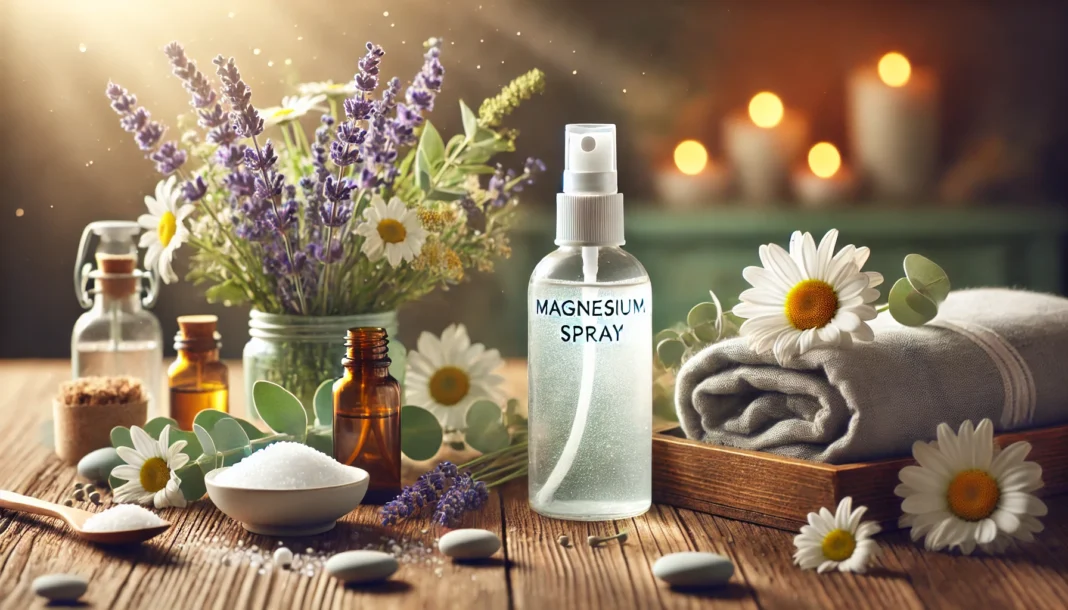 A serene wellness scene with a magnesium spray bottle on a wooden table, surrounded by natural elements like lavender, chamomile, and eucalyptus, with a soft-focus spa-like background evoking relaxation and stress relief.