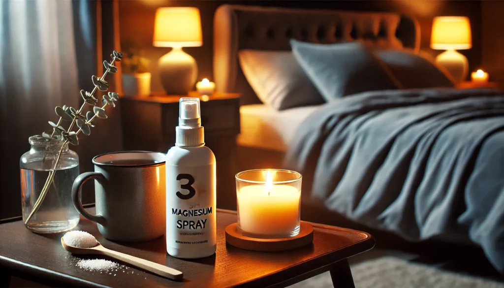 A tranquil night setting featuring a magnesium spray bottle on a bedside table, accompanied by a dimly lit candle and a cup of herbal tea, with a cozy bedroom ambiance in the background promoting restful sleep and anxiety relief.