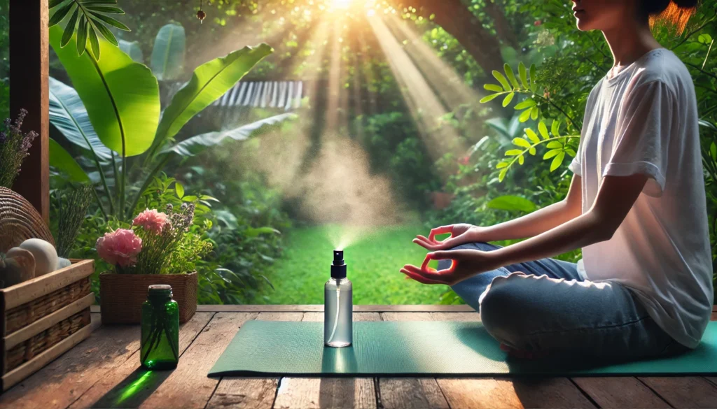 A peaceful meditation scene with a person sitting cross-legged on a yoga mat, misting magnesium spray onto their arms, with a lush green garden and soft morning sunlight in the background, symbolizing calmness and stress reduction.