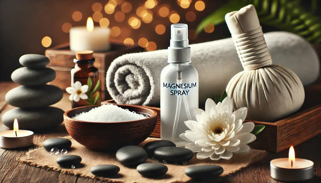 A spa-inspired relaxation setting showcasing a bottle of magnesium spray alongside white towels, smooth black massage stones, and a bowl of water with floating flower petals, with a softly blurred warm-lit background creating a peaceful atmosphere.