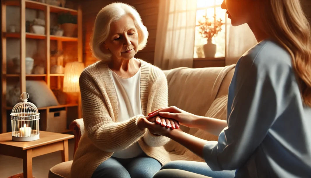 A peaceful elderly woman with dementia sits in a cozy, well-lit living room, holding hands with a kind caregiver who provides support and reassurance, symbolizing compassionate medication management.