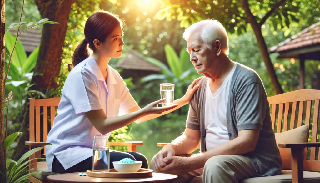 A calm elderly man with dementia sits in a lush garden with a gentle caregiver offering a glass of water and medication, representing a tranquil and supportive approach to managing agitation.