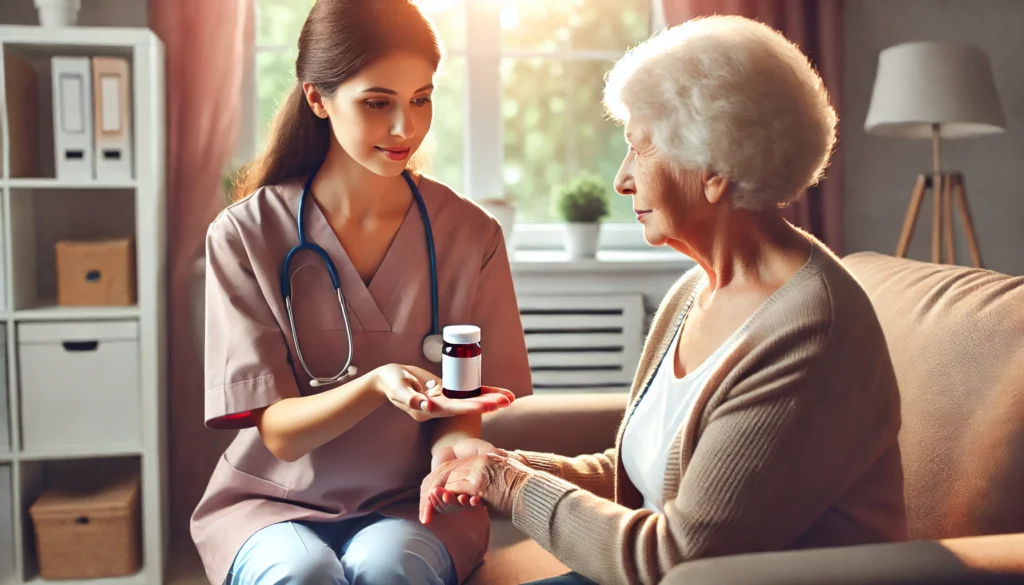 A compassionate nurse in a medical setting hands prescribed medication to an elderly woman with dementia, depicting a professional yet warm healthcare environment focused on safe treatment.