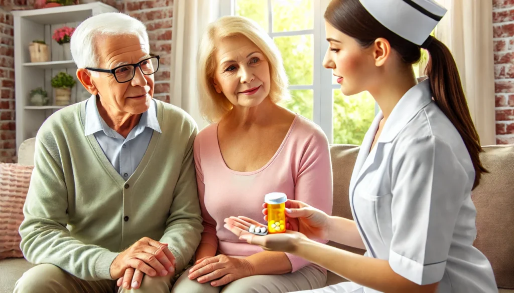 An elderly couple sits in a bright, welcoming home while a caregiver explains medication options, holding a pill bottle, symbolizing informed decision-making for dementia care.