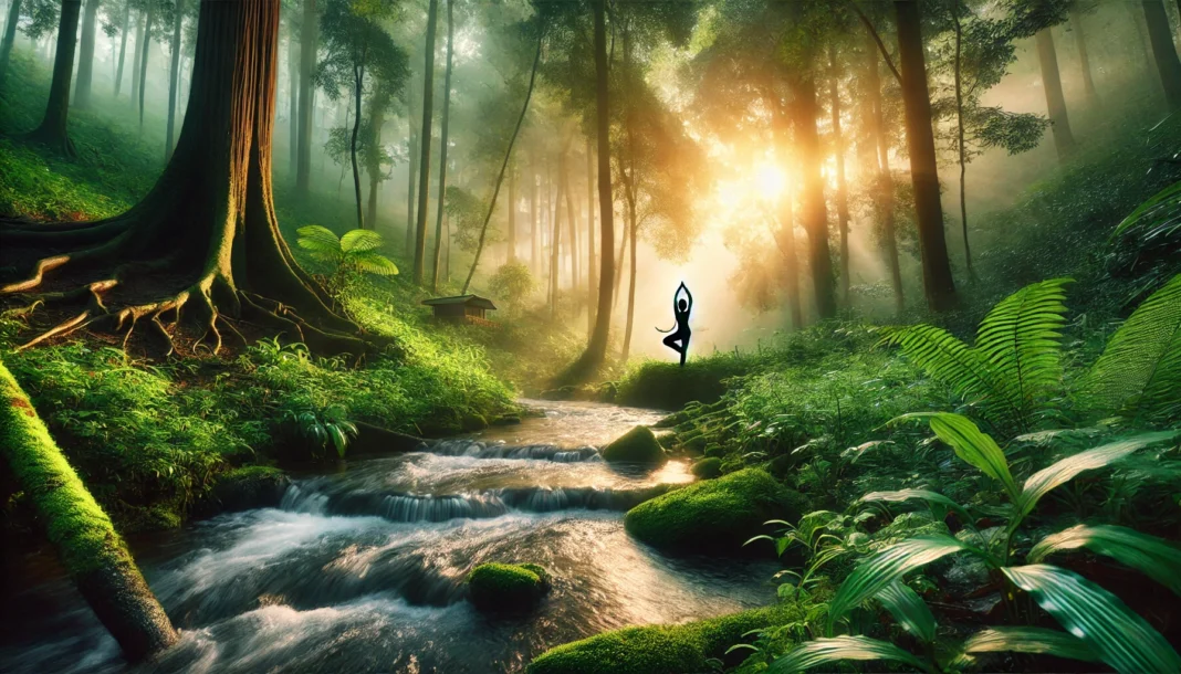 A serene forest scene with a person practicing yoga at sunrise, surrounded by lush greenery and a flowing stream, emphasizing mindfulness and nature’s healing power