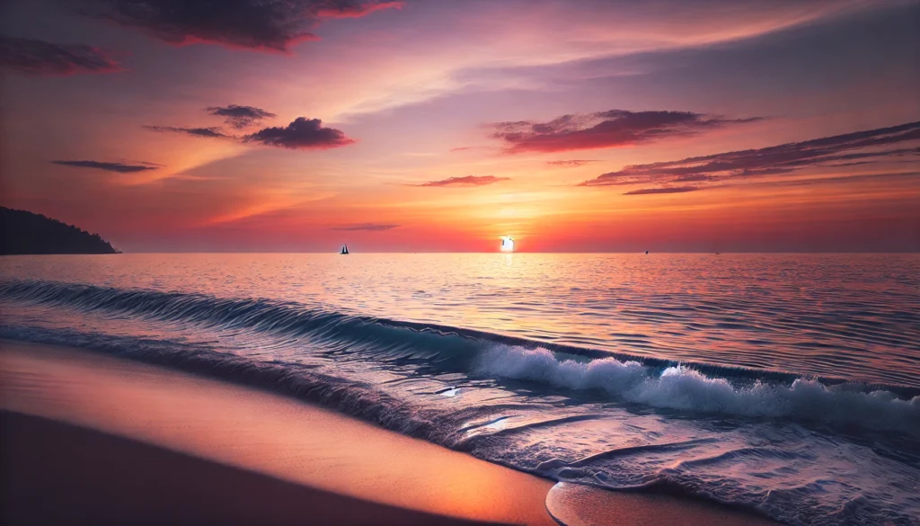 A serene beach at sunset with gentle ocean waves and warm hues in the sky, fostering a sense of peace and tranquility.