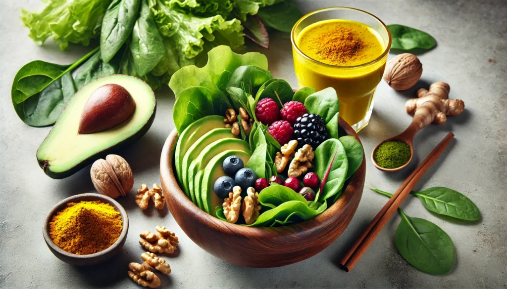 A wooden bowl filled with leafy greens, walnuts, berries, and avocado, accompanied by a glass of turmeric-infused golden milk, illustrating an anti-inflammatory, brain-boosting diet for anxiety management.