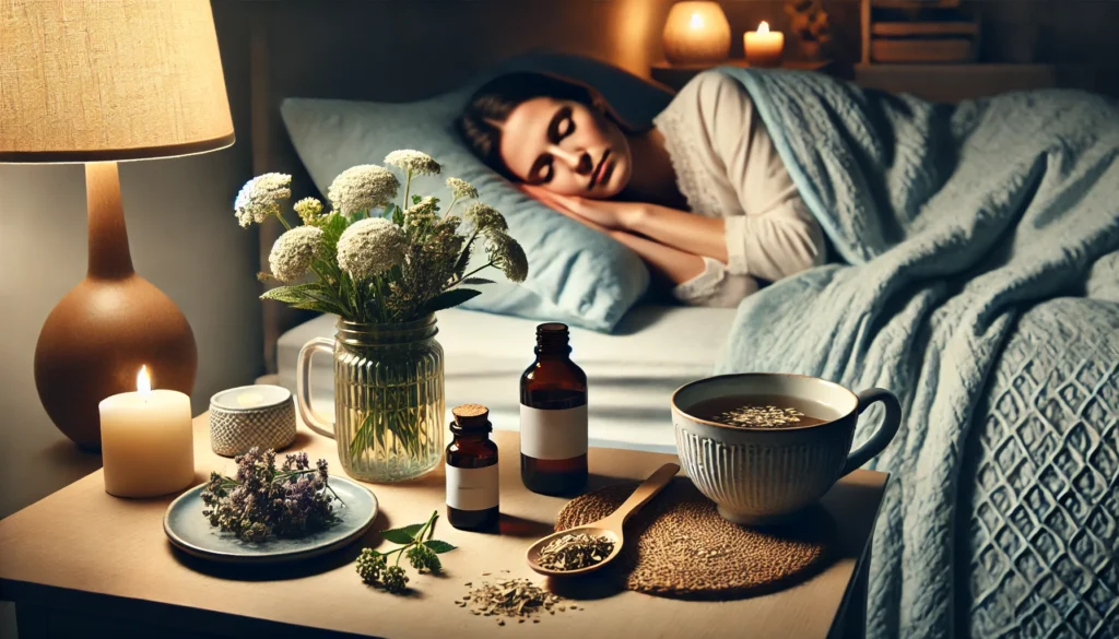 A peaceful bedroom scene with a woman sleeping soundly, illuminated by soft moonlight. On the nightstand, a cup of valerian root tea, valerian flowers, and an herbal bottle suggest natural sleep support, highlighting valerian root’s effectiveness in promoting relaxation and restful sleep.
