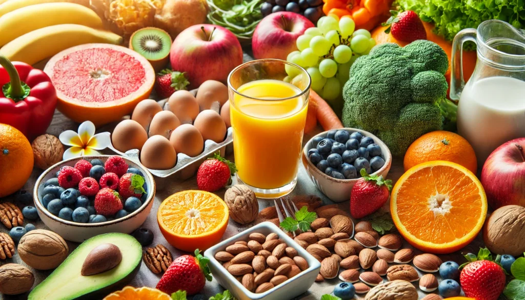 A vibrant breakfast spread featuring fresh fruits, vegetables, nuts, and a glass of orange juice, showcasing essential nutrients for senior health.