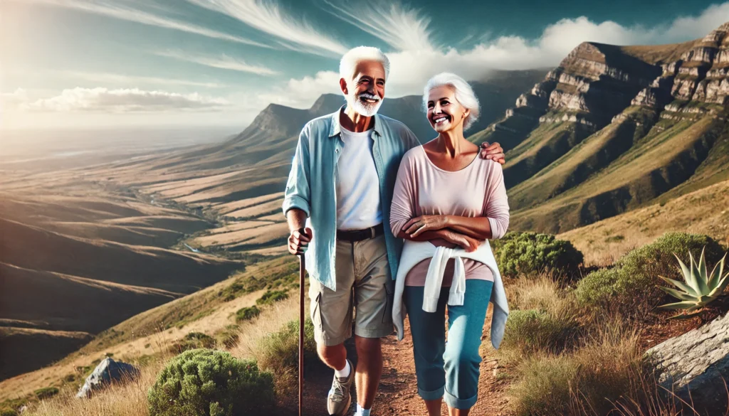 A senior couple hiking along a scenic mountain trail, looking happy and full of vitality, representing an active and healthy lifestyle.