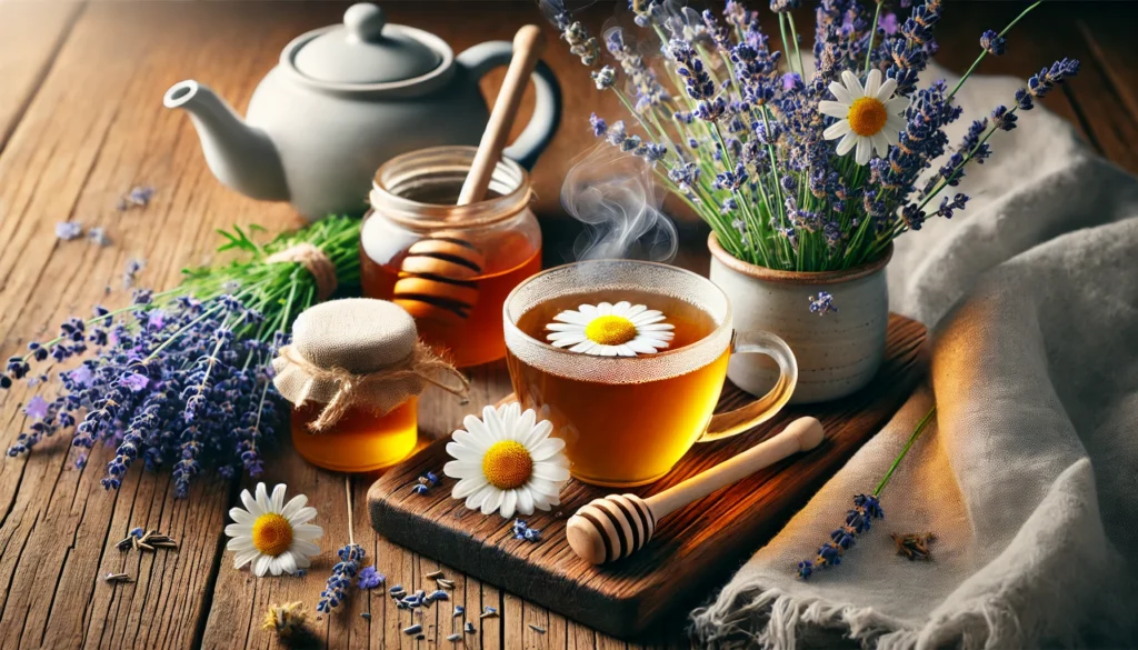 A steaming cup of chamomile and lavender tea on a rustic wooden table, surrounded by fresh chamomile flowers, lavender sprigs, and a honey dipper, evoking relaxation and warmth.
