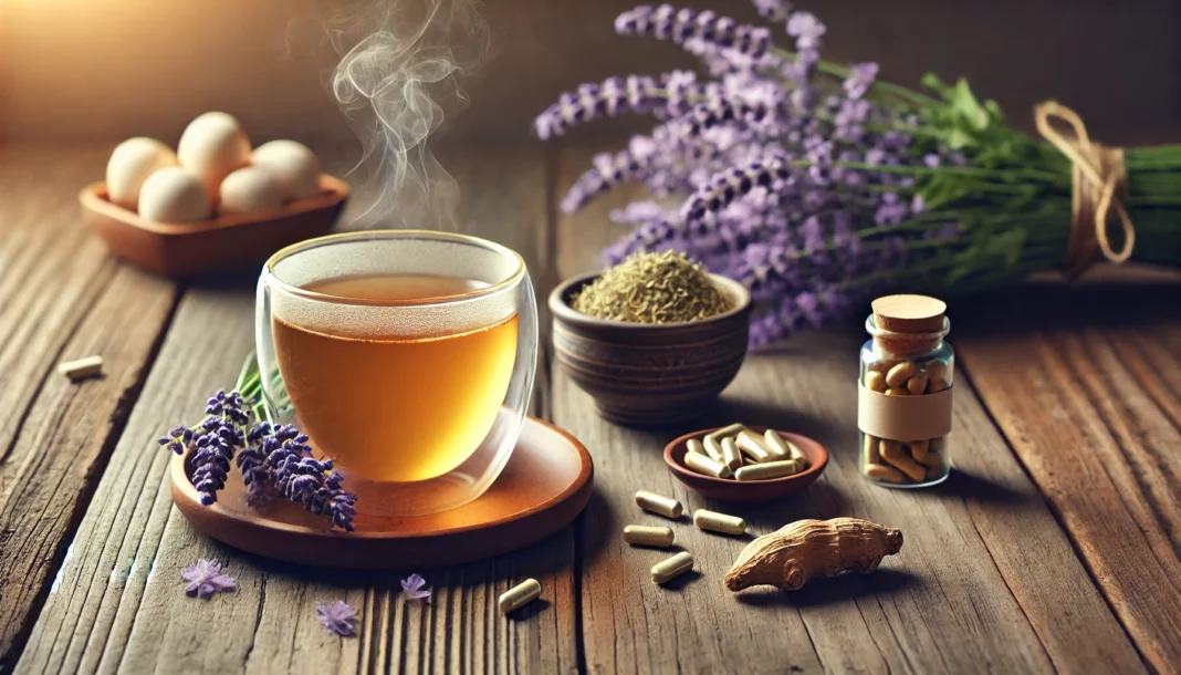 A calming scene featuring a cup of chamomile tea on a wooden table, surrounded by lavender flowers, ashwagandha root, and valerian capsules. The soft lighting and warm atmosphere create a relaxing mood.