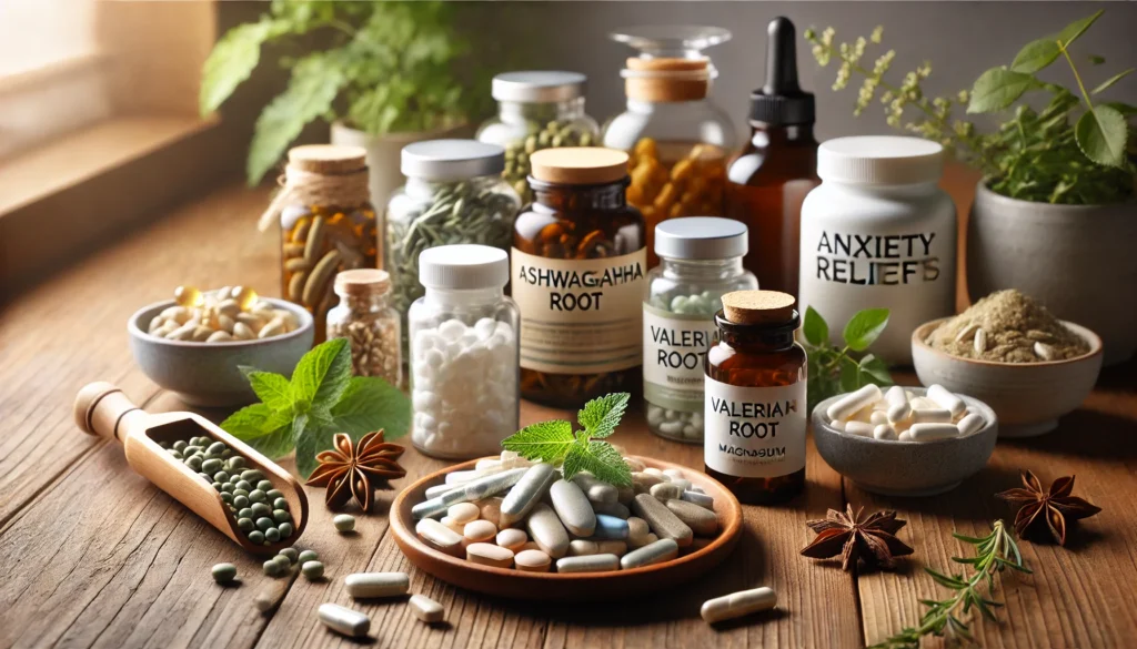 A collection of over-the-counter anxiety relief supplements, including ashwagandha, valerian root, and magnesium capsules, displayed on a wooden surface with soft, natural lighting.
