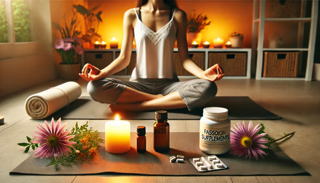 A woman practicing deep breathing meditation while sitting cross-legged on a yoga mat, with essential oils and herbal anxiety supplements like passionflower and L-theanine nearby. The setting has a peaceful, ambient glow.