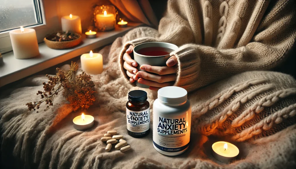 A cozy evening scene with a person holding a warm mug of herbal tea, wrapped in a soft blanket, surrounded by scented candles and a bottle of natural anxiety supplements like L-theanine and magnesium.
