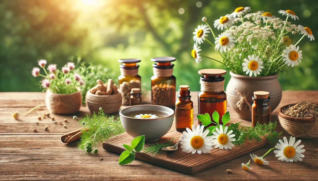 A calming scene featuring herbal medicine bottles, chamomile flowers, valerian root, and a cup of herbal tea on a wooden table. Soft natural lighting and a blurred green nature background create a soothing and stress-relieving atmosphere.