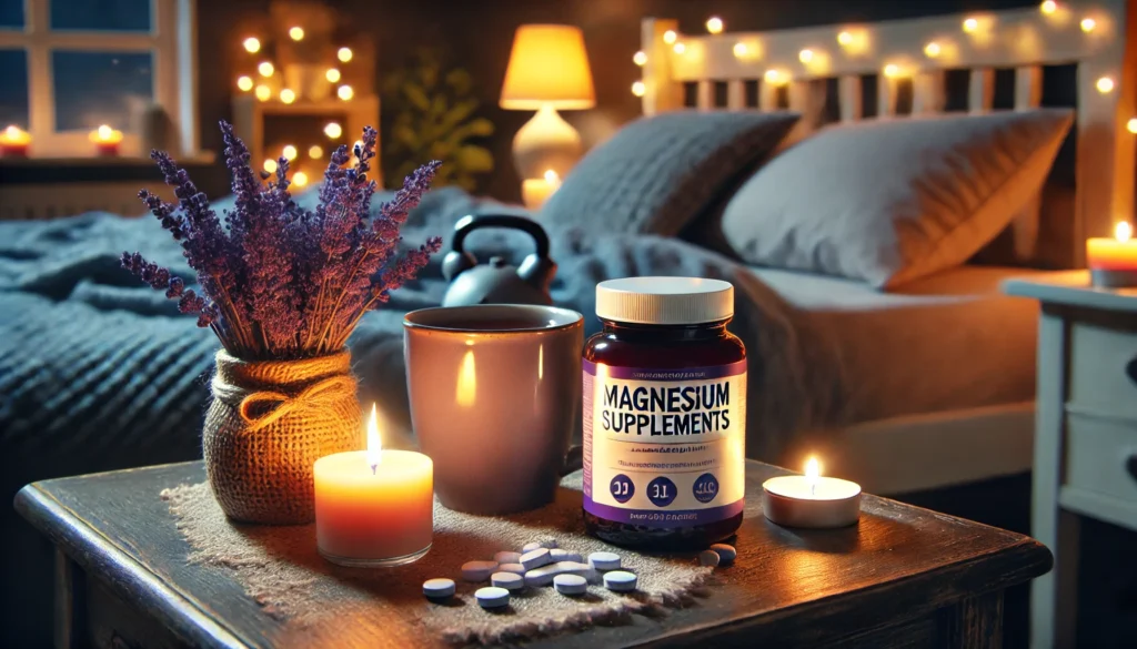 A peaceful nighttime setting with a bottle of magnesium supplements, a lavender-scented candle, and a cozy cup of tea on a bedside table. The warm glowing lights and blurred bedroom scene evoke relaxation and restful sleep.