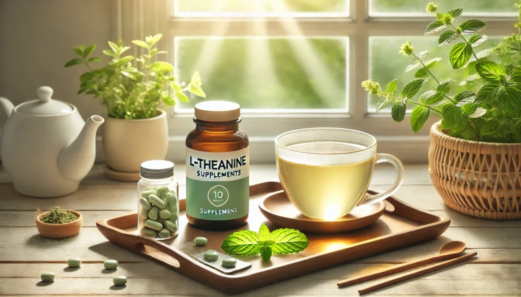 A serene morning scene showcasing a cup of green tea, a bottle of L-theanine supplements, and fresh mint leaves on a wooden tray. Sunlight filtering through a window enhances the tranquil and refreshing ambiance.