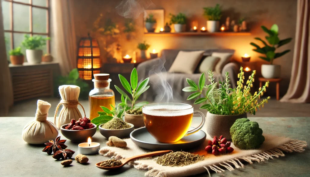 A tranquil wellness setup with adaptogenic herbs such as ashwagandha and rhodiola, along with a steaming cup of herbal infusion. The softly lit, cozy environment promotes stress relief and emotional balance.