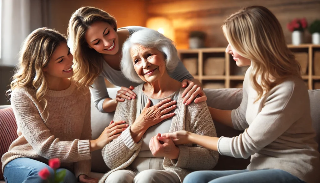 A touching family moment where younger members surround an elderly woman with affection and care in a cozy home setting.