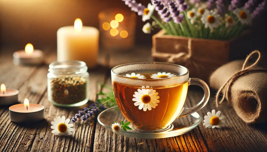 A serene cup of chamomile tea in a transparent glass, with chamomile flowers floating on top, set on a rustic wooden surface. Warm lighting and a blurred background of lavender, herbs, and a lit candle create a calming atmosphere.