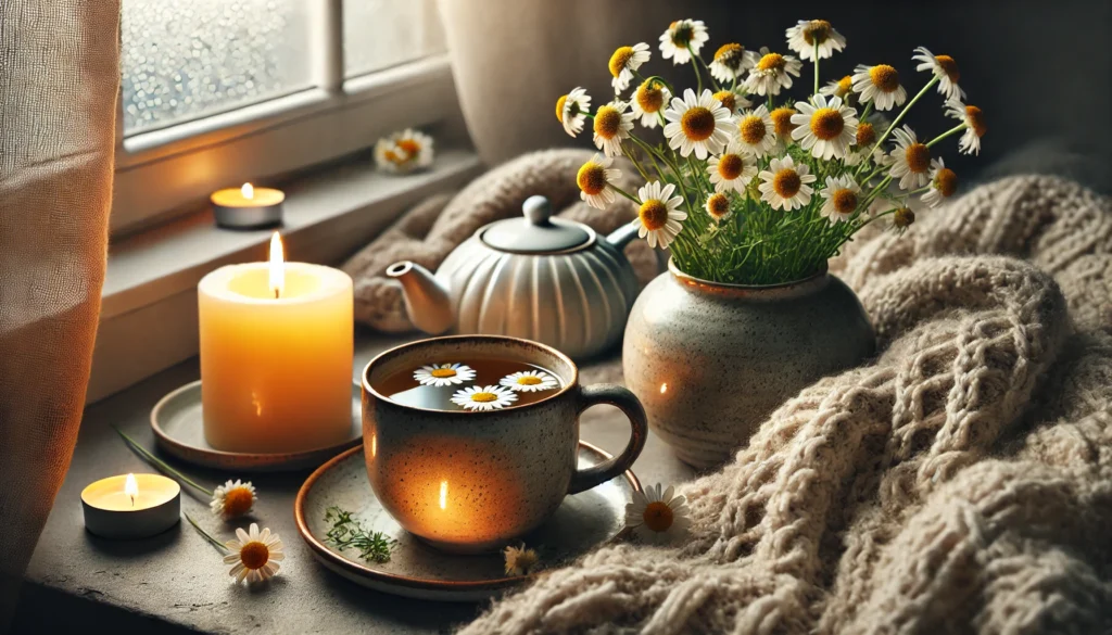 A cozy evening tea setup with chamomile tea in a ceramic mug, surrounded by fresh chamomile flowers and a soft, knitted blanket. A candle casts a warm glow, enhancing the tranquil and stress-relieving ambiance