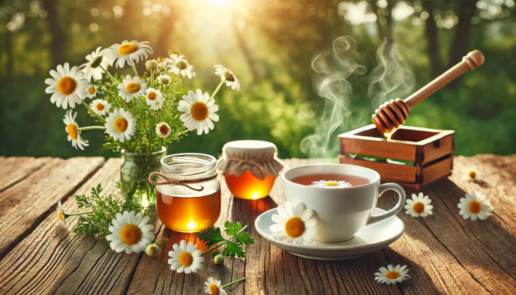 A peaceful outdoor setting featuring a steaming cup of chamomile tea on a wooden table, surrounded by fresh chamomile flowers, a honey jar, and a natural green garden background bathed in soft morning sunlight.