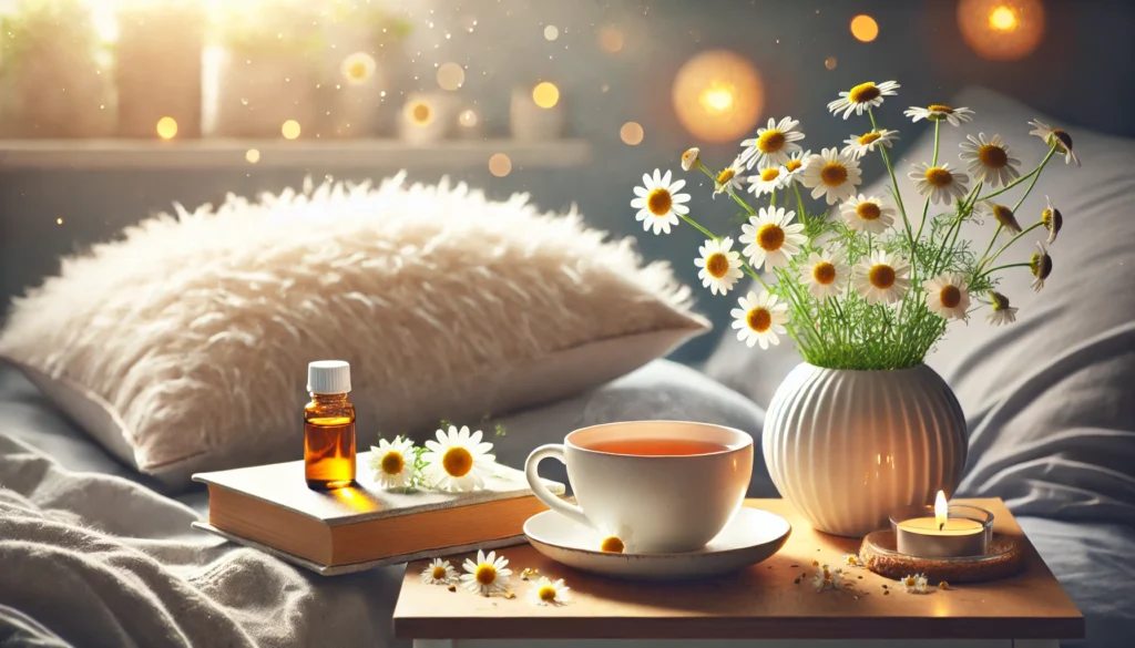 A relaxing self-care setup with a cup of chamomile tea on a bedside table, accompanied by a fluffy pillow and soft lighting. Fresh chamomile flowers, a book, and a small essential oil bottle complete the soothing and stress-free ambiance