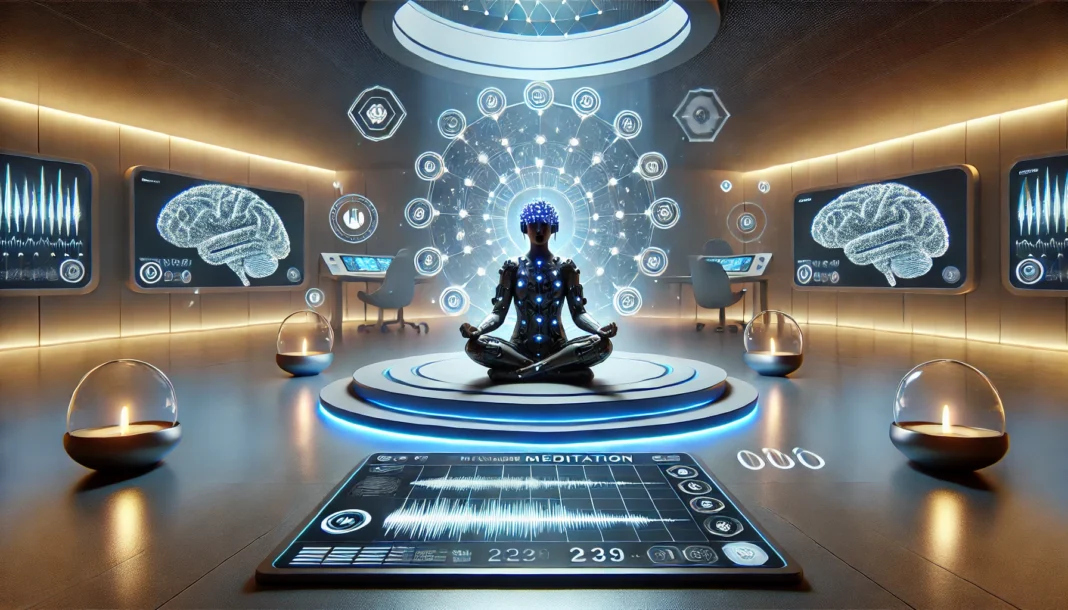 A high-tech meditation room with ambient lighting, where a person sits in deep meditation using a neurofeedback headset. Biometric sensors track brain activity and relaxation levels, creating an environment focused on cognitive enhancement and mindfulness.