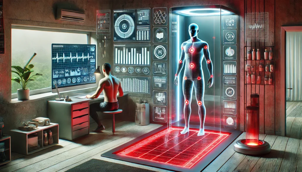A futuristic home biohacking setup where an individual optimizes health using a smart body scanner. Real-time biometric data is displayed on a sleek digital dashboard, while red light therapy supports cellular rejuvenation in a modern, high-tech environment.