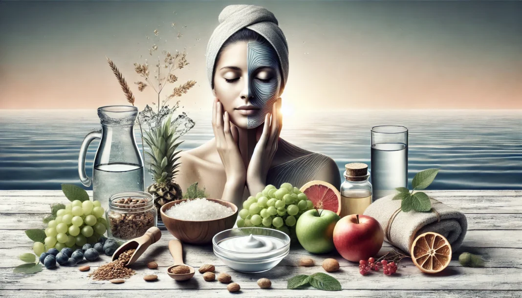 A peaceful depiction of a person engaging in anti-aging self-care, incorporating skincare, hydration, and a nutritious diet. The scene includes elements like facial massage, fresh fruits, and a glass of water, symbolizing a holistic approach to preventing aging.