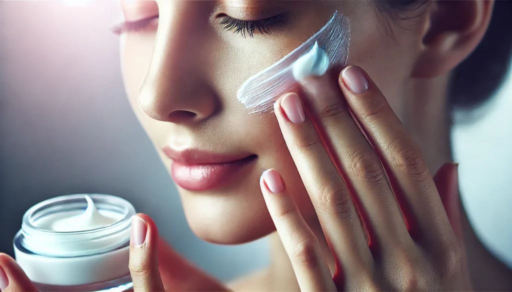A close-up of a person gently applying anti-aging cream to their face, highlighting the hydration and nourishment of healthy skin. The soft-focus background emphasizes the importance of a consistent skincare routine in preventing premature aging.