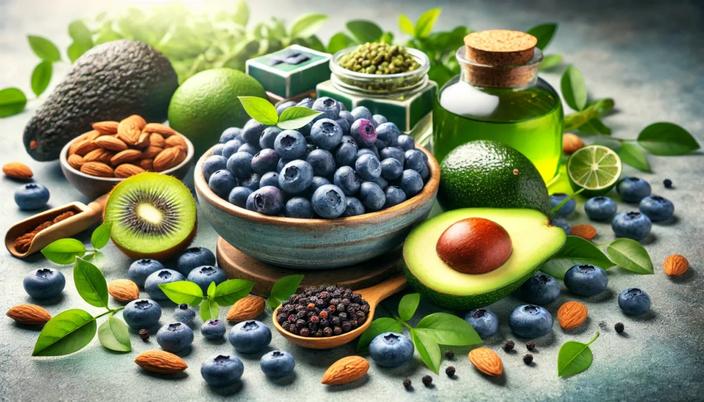 A vibrant still life arrangement of anti-aging superfoods, including blueberries, avocados, almonds, and green tea. The bright, natural lighting showcases the essential nutrients that help combat premature aging and support skin health.