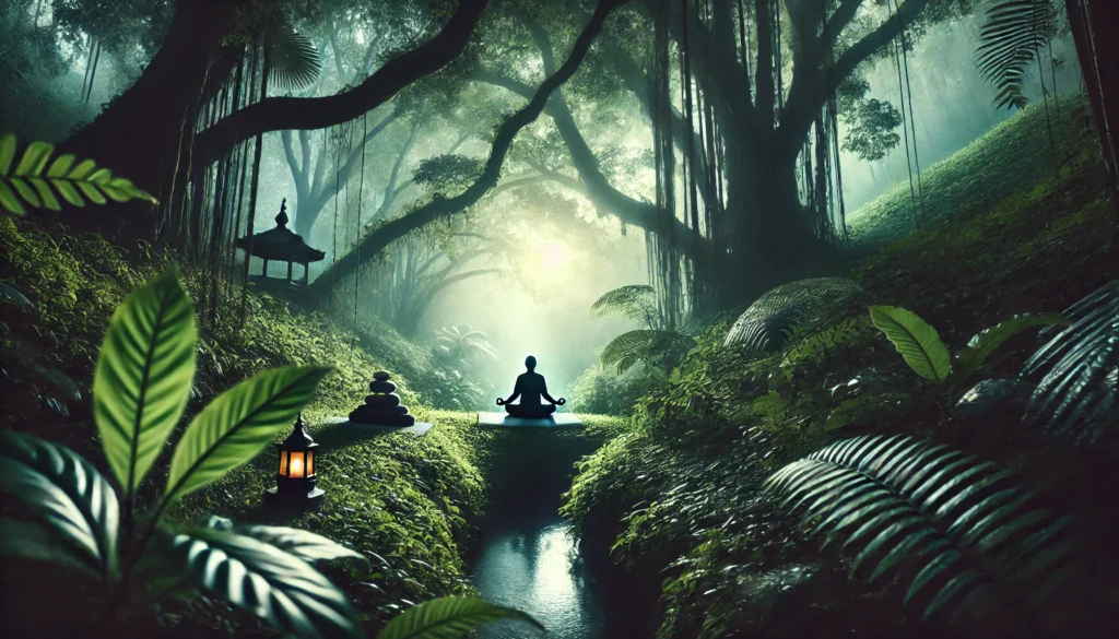 A peaceful outdoor setting where a person practices mindfulness meditation, surrounded by lush greenery. The tranquil environment symbolizes relaxation and stress relief, key factors in slowing down the aging process and promoting overall well-being.