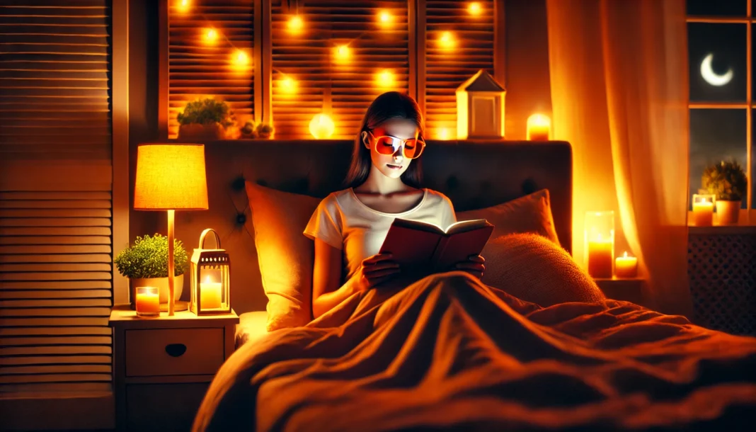 A cozy bedroom scene with warm lighting, where a person wearing orange-tinted blue light blocking glasses is reading a book in bed, creating a relaxing pre-sleep atmosphere.