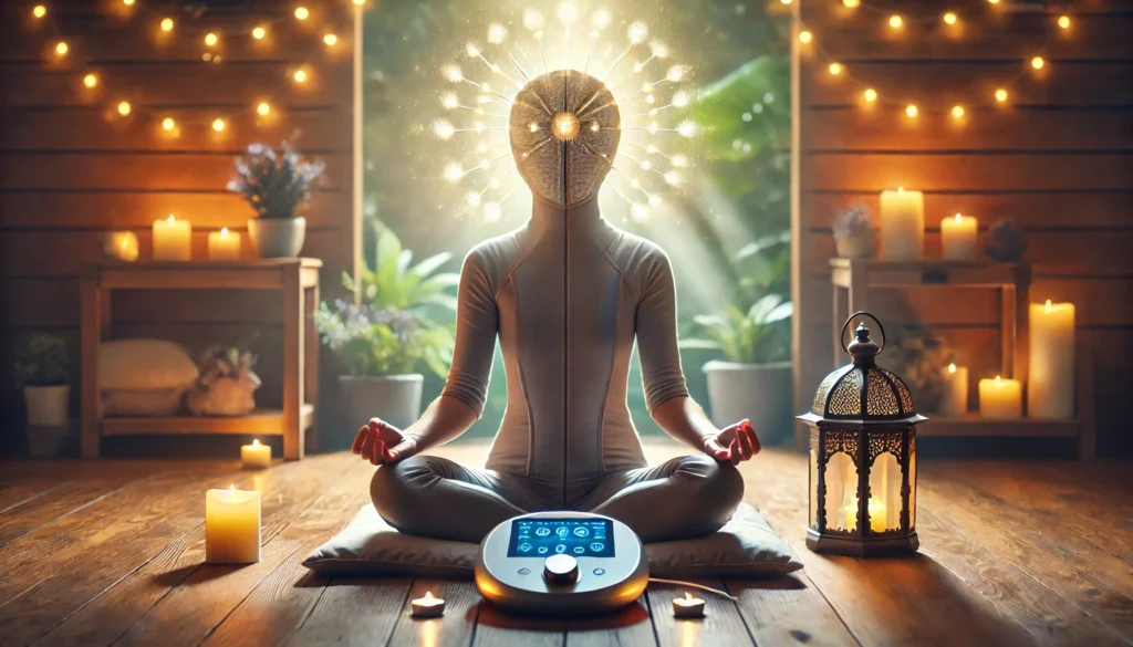 A peaceful meditation setting with a person sitting cross-legged, wearing an HRV therapy device in a tranquil natural environment, symbolizing relaxation, stress reduction, and autonomic balance.