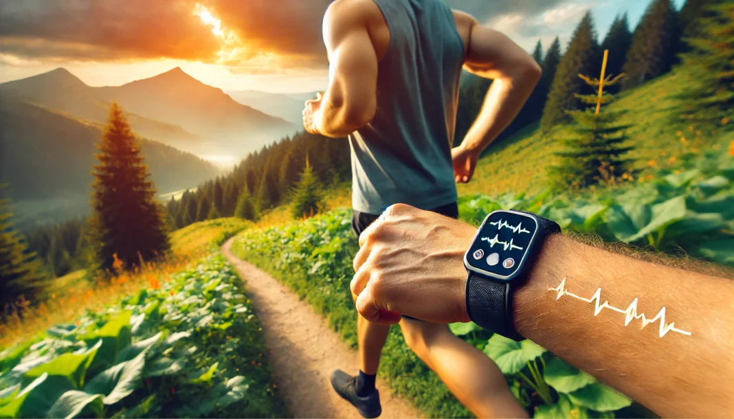 A close-up of a person’s wrist wearing an HRV therapy device while running on a scenic outdoor trail, highlighting endurance training, physiological optimization, and peak performance.