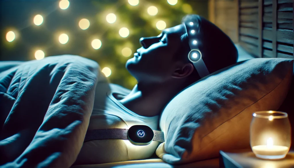 A serene nighttime setting with a person using an HRV therapy device in bed, emitting a soft glow to symbolize optimized sleep and autonomic balance.