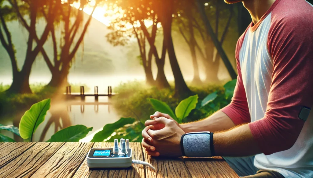 A peaceful nature scene where a person practices deep breathing exercises while wearing an HRV therapy device, bathed in soft morning light for stress reduction and recovery.