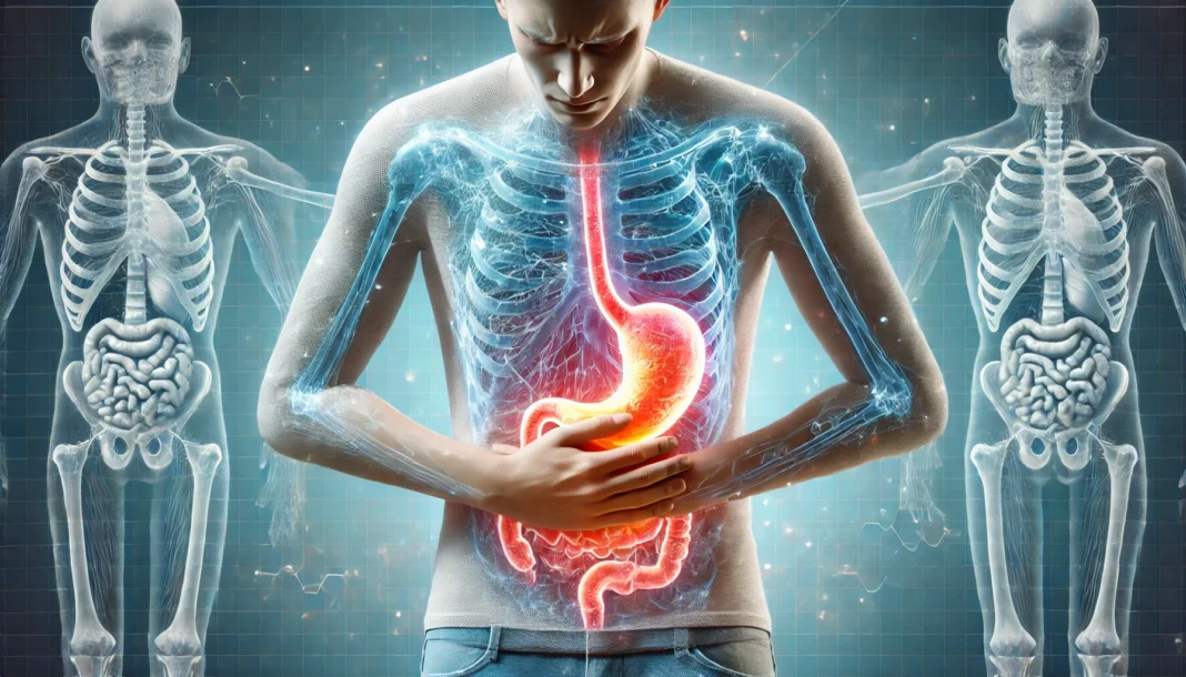 A conceptual depiction of a person experiencing gastrointestinal distress, clutching their abdomen in pain. A glowing overlay highlights inflammation in the stomach and intestines. The background has a cool clinical blue tone with subtle medical graphics to reinforce the health-related theme.