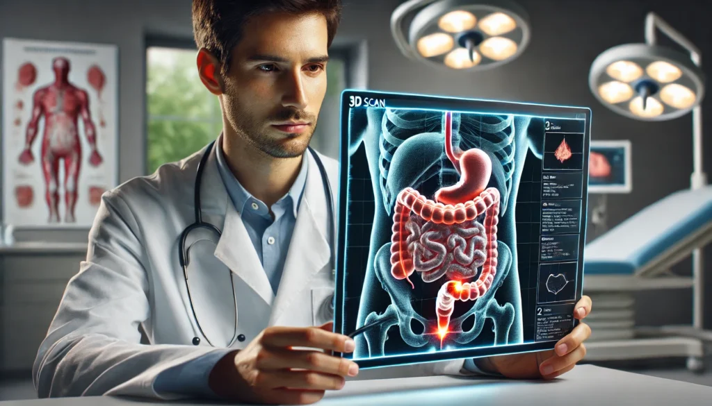 A healthcare professional analyzing a digital screen displaying a 3D scan of a patient’s digestive system. Glowing red indicators highlight problem areas, emphasizing gastrointestinal issues. The setting is a modern medical facility with soft lighting, showcasing the importance of early diagnosis.