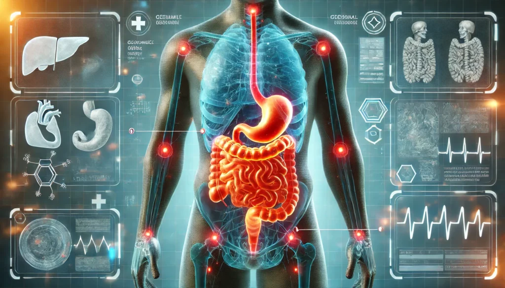 A futuristic medical scan of the digestive system, showing abnormalities in the stomach and intestines. The holographic-style human torso has glowing red indicators pinpointing areas of concern. The high-tech clinical background features medical interface elements, symbolizing advanced diagnosis.