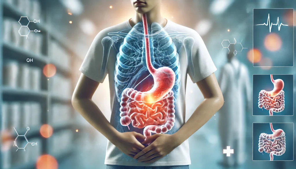 A medical-themed visualization of a person experiencing gastrointestinal distress, with an overlay of an inflamed gut showing symptoms like acid reflux and cramping. The background features soft blue clinical tones, emphasizing the urgency of recognizing early symptoms.