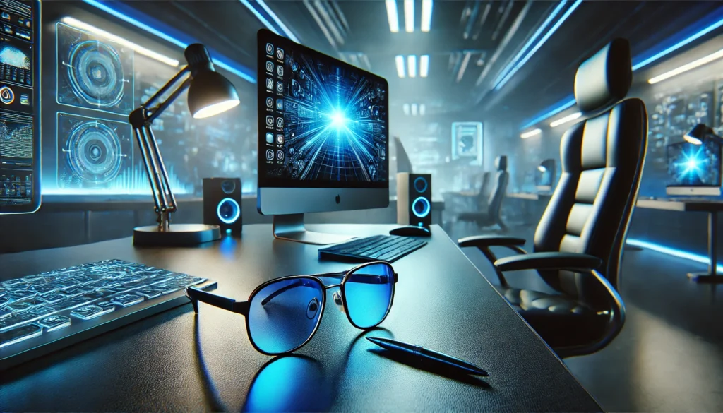 A futuristic workspace with a sleek, high-tech desk setup featuring a glowing computer monitor and a pair of modern, non-tinted blue light blocking reading glasses resting on the desk, symbolizing digital eye protection and enhanced focus.